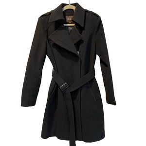 COLE HAAN Women's SZ 12 Black Wool Blend Collar Belted Zip Up Coat Overcoat